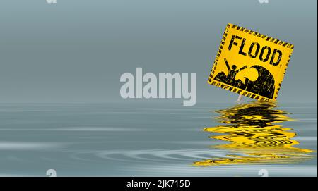panneau d'avertissement d'inondation survolée, réchauffement climatique, concept de changement climatique, technique d'espace négatif, grand espace de copie, illustration Banque D'Images