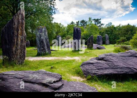 Menhirs debout et déchus près de Monteneuf en Bretagne, France Banque D'Images