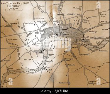 Une ancienne carte montrant la ville de Londres à la fin de Tudor et au début de Stuart Time 1500s - début 1700s Banque D'Images