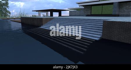 Escalier dans l'eau. Les étapes sont déformées par la réfraction. Luxueuse villa avec piscine. Patio avancé contre un ciel orageux. 3d rendu. Banque D'Images
