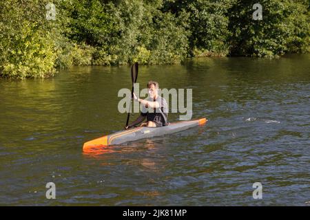 Entraînement en kayak. Un homme pagayant un kayak de course de K1 en passant devant des arbres verts sur la Tamise à Surrey, en Angleterre, par une journée ensoleillée Banque D'Images