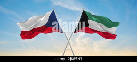 Deux drapeaux croisés le Koweït et la république tchèque agitant sous le vent dans un ciel nuageux. Concept de relation, de dialogue, de voyage entre deux pays. 3d illust Banque D'Images
