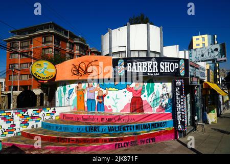 29th juin 2022, AV Ballivian, Calacoto, la Paz, Bolivie. Murale sur le mur d'un salon de coiffure dans le quartier Zona sur de la Paz, peinte par des groupes féministes exigeant l'égalité des chances et des droits pour les femmes, et protestant contre la violence domestique et la violence contre les femmes. Banque D'Images