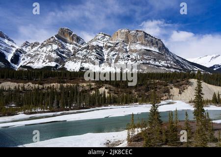 Vue sur la montagne près du Saskatchewan River Crossing, Icefields Parkway, parc national Banff, Alberta, Canada. Banque D'Images