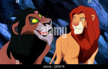 SCAR & Mafusa film le Roi Lion (USA 1994) personnages : SCAR & réalisateur : Roger allers & Rob Minkoff 06 mai 1994 **AVERTISSEMENT** cette photographie est à usage éditorial exclusif et est la propriété de WALT DISNEY PICTURES et/ou du photographe désigné par la société de production et ne peut être reproduite que par des publications en liaison avec la promotion du film ci-dessus. Un crédit obligatoire pour WALT DISNEY PICTURES est requis. Le photographe doit également être crédité lorsqu'il est connu. Aucune utilisation commerciale ne peut être accordée sans autorisation écrite de The film Company. Banque D'Images