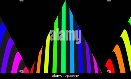 3D rendus. Arrière-plan noir avec lignes diagonales colorées formant des triangles. Lignes colorées en forme de triangles. Motif rayé de nombreuses couleurs Banque D'Images