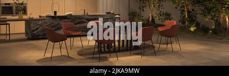 Cuisine de luxe et salle à manger avec éclairage de nuit, plantes vertes - arbres. 3d rendre l'illustration de l'intérieur de l'appartement. Bannière Web. Banque D'Images