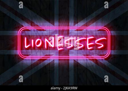 Lionesses son illustration de la Maison à venir 3D sur un fond d'Union Jack. Banque D'Images