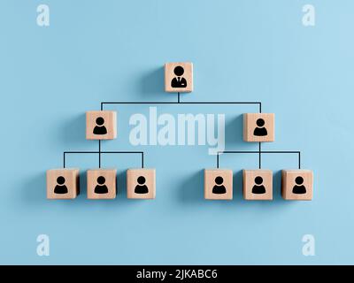 Entreprise Organigramme hiérarchique des cubes en bois sur fond bleu. Gestion des ressources humaines et concept d'entreprise Banque D'Images