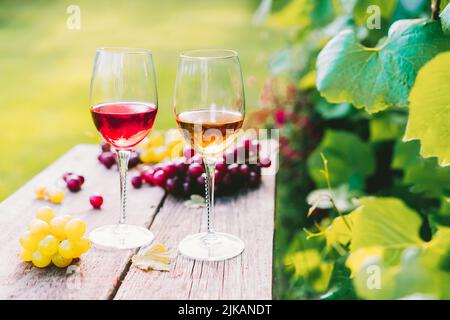 Verres avec vin blanc et rouge et baies de raisin sur la table en bois dans les vignobles, cave avec feuilles vertes fond dans la lumière du coucher du soleil. Dégustation de vin Banque D'Images