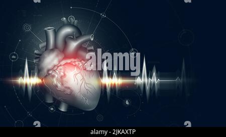 Cardiologie. Innovation dans la science. Illustration de l'anatomie du cœur humain 3D. Recherche médicale Hytech. Diagnostics en ligne des organes internes Banque D'Images