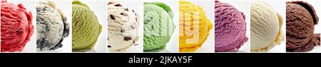 Collage de délicieuses glaces rondes et froides de différentes couleurs et saveurs sur fond blanc en studio léger Banque D'Images