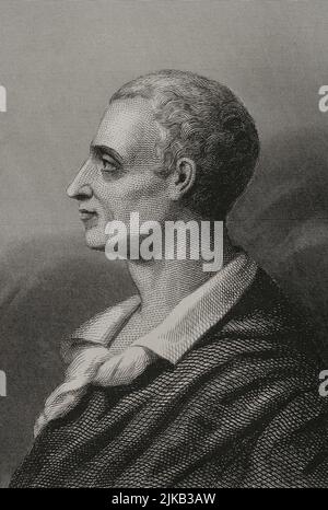 Montesquieu (1689-1755). Philosophe français. Portrait. Gravure par Geoffroy. 'Historia Universal', par César Cantú. Volume VIII 1858. Auteur: Charles Geoffroy (1819-1882). Graveur français. Banque D'Images