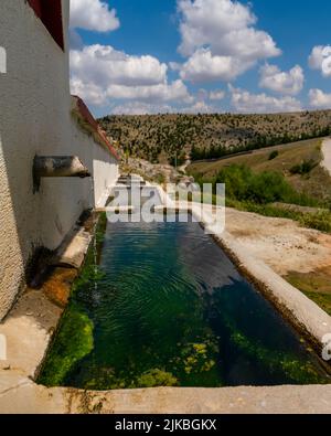 L'eau s'écoule du ressort vers les creux animaux en béton aligné l'un derrière l'autre Banque D'Images