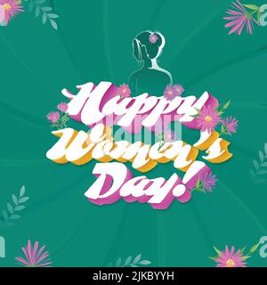 3D Blend Happy Women's Day font décoré de fleurs, de feuilles sur le fond vert de rayons tourbillons. Illustration de Vecteur