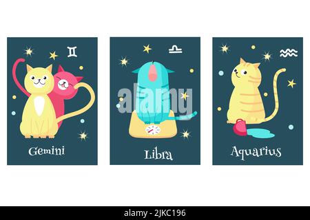 Ensemble vectoriel de cartes de signe d'astrologie de chat zodiaque. Gémeaux, Balance, Verseau signes astrologiques. Horoscope Cat. Illustration de Vecteur