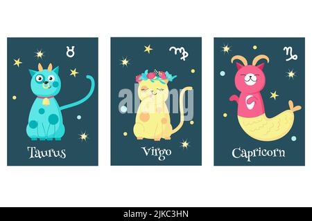 Ensemble vectoriel de cartes de signe d'astrologie de chat zodiaque. Taurus, Virgo, Capricorne signes astrologiques. Horoscope Cat. Illustration de Vecteur