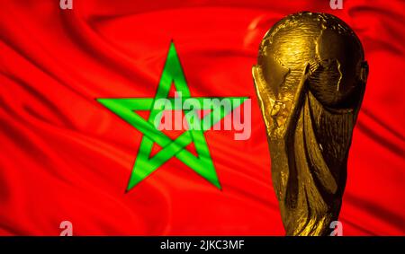 6 octobre 2021, Rabat, Maroc.Coupe du monde de la FIFA sur fond de drapeau du Maroc. Banque D'Images