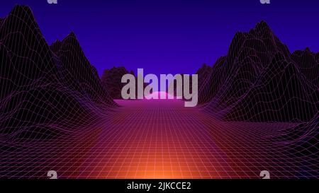3d néons paysage futuriste avec grille et montagnes. Synthwave, cyberpunk, 80s concept de jeu. . Illustration 3D de haute qualité Banque D'Images