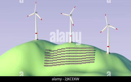 Éoliennes et panneaux solaires sur des collines - l'illustration 3D rend isolé sur fond bleu. Banque D'Images