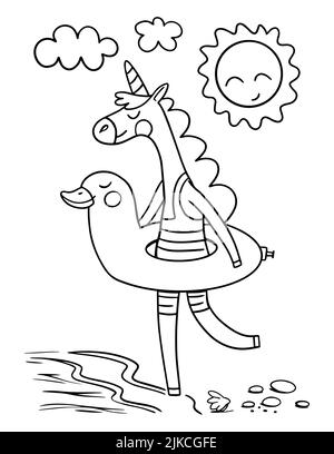Page de coloriage de caricature unicorn pour enfants et adultes. Illustration du contour de la mer. Banque D'Images