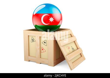 Boîte en bois, colis avec drapeau azerbaïdjanais. Expédition et livraison en Azerbaïdjan, concept. 3D rendu isolé sur fond blanc Banque D'Images
