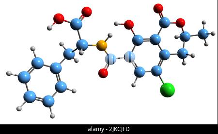 3D image de l'ochratoxine Une formule squelettique - structure chimique moléculaire de la mycotoxine isolée sur fond blanc Banque D'Images