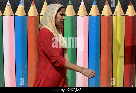 Mumbai, Maharashtra, Inde. 1st août 2022. Une femme passe devant une fresque murale sur le mur d'une école à Mumbai, en Inde. (Credit image: © Indranil Aditya/ZUMA Press Wire) Banque D'Images