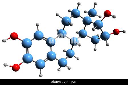 3D image de la formule squelettique de l'hydroxyestriol - structure chimique moléculaire de l'œstrogène catéchol endogène isolé sur fond blanc Banque D'Images