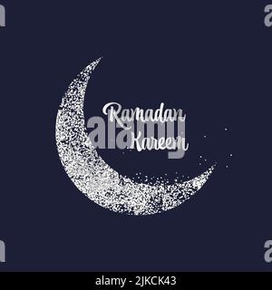 Ramadan Kareem texte à paillettes plates ou à points effet Crescent Moon sur fond bleu. Illustration de Vecteur