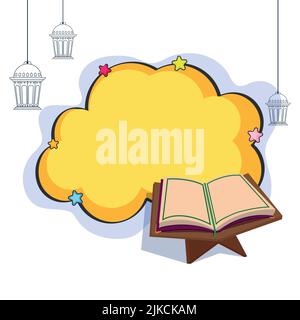 Livre Saint islamique, Quran ouvert sur un stand avec un cadre en forme de nuage jaune pour votre message. Illustration de Vecteur