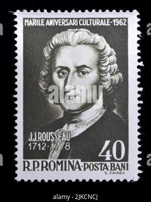 Timbre-poste roumain (1962) : Jean-Jacques Rousseau (1712-1778) philosophe, écrivain et compositeur genevan. Banque D'Images