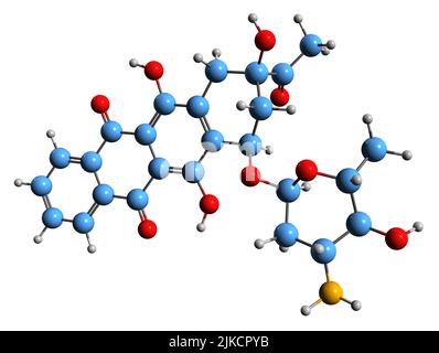 3D image de la formule squelettique d'Idarubicine - structure chimique moléculaire du médicament antileucémique à base d'anthracycline isolé sur fond blanc Banque D'Images