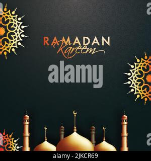 Concept de Kareem de Ramadan avec Mosquée d'or et motif de Mandala sur fond vert foncé. Illustration de Vecteur