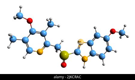 3D image de la formule squelettique Omeprazole - structure chimique moléculaire du médicament de la maladie de reflux gastro-oesophagien isolé sur fond blanc Banque D'Images