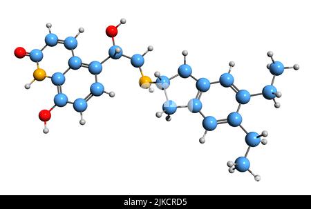 3D image de la formule squelettique d'Indacaterol - structure chimique moléculaire de l'agoniste bêta-adrénocepteur à action ultra-longue isolé sur fond blanc Banque D'Images