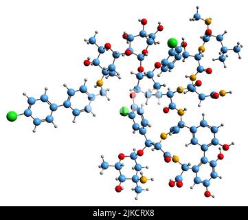 3D image de la formule squelettique de l'oritavancine - structure chimique moléculaire de l'antibiotique glycopeptide semi-synthétique isolé sur fond blanc Banque D'Images