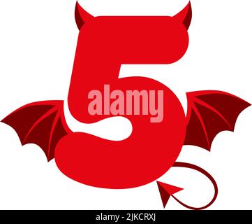 Numéro de 5 rouge diable avec ailes pour les jeux d'interface utilisateur. Un démon cinq de dessin animé sombre effrayant. Illustration de Vecteur