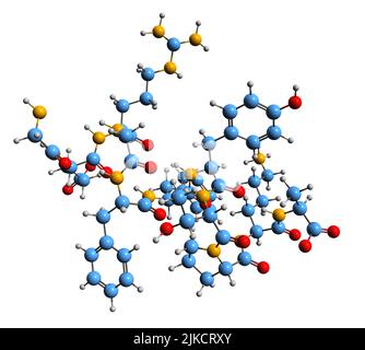 3D image de la formule squelettique de l'insuline B - structure chimique moléculaire de l'hormone peptidique isolée sur fond blanc Banque D'Images