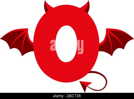 Diable rouge 0 numéros avec ailes pour les jeux d'interface utilisateur. Démon DE dessin animé sombre et effrayant, ZÉRO. Illustration de Vecteur