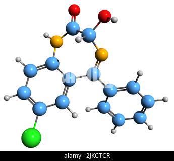 3D image de la formule squelettique Oxazepam - structure chimique moléculaire de la benzodiazépine à action courte à intermédiaire isolée sur fond blanc Banque D'Images