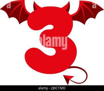 Numéro de 3 rouge diable avec ailes pour les jeux d'interface utilisateur. Un démon de dessin animé sombre trois effrayant. Illustration de Vecteur