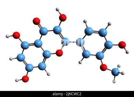 3D image de la formule squelettique de l'isorhamnetine - structure chimique moléculaire du flavonol O-méthylé isolé sur fond blanc Banque D'Images