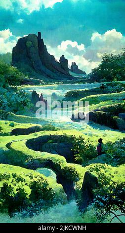 Paysage paisible et romantique en forme d'anime ou de manga coloré représentant une vue panoramique sur la nature et le temps Banque D'Images