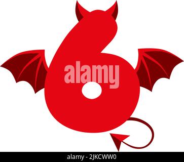 Numéro de 6 rouge diable avec ailes pour les jeux d'interface utilisateur. Un démon de dessin animé sombre six effrayant. Illustration de Vecteur