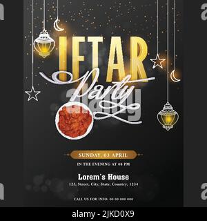 Carte d'invitation Iftar Party avec vue sur le dessus des dates dans un bol, décoration islamique décorée sur fond noir. Illustration de Vecteur