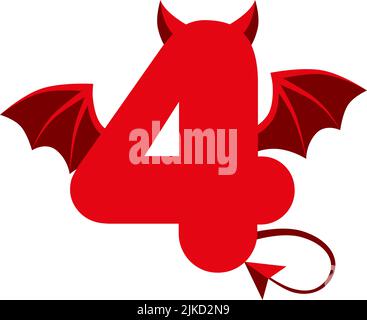 Numéro de 4 rouge diable avec ailes pour les jeux d'interface utilisateur. Un démon de dessin animé sombre trois effrayant. Illustration de Vecteur