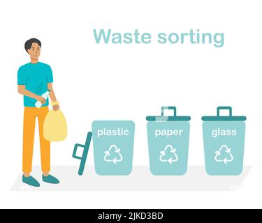 Concept de tri des déchets. Homme avec un sac de déchets dans sa main devant des poubelles, plat. Séparation plastique, papier et verre. Protection de l'environnement c Illustration de Vecteur