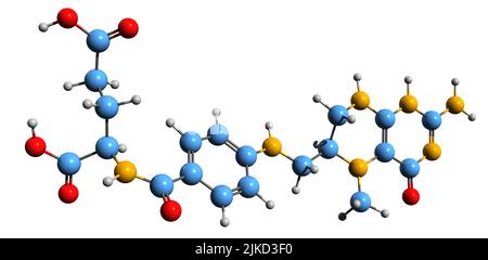 3D image de la formule squelettique de l'acide Levomefolic - structure chimique moléculaire du L-5-méthyltétrahydrofolate isolé sur fond blanc Banque D'Images