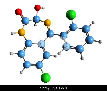 3D image de la formule du squelette de Lorazepam - structure chimique moléculaire du médicament de benzodiazépine isolé sur fond blanc Banque D'Images